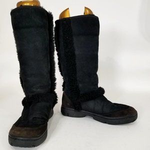 Ugg Sunburst Tall Boot Black Brown Leather Suede Sheepskin Fur Winter US 8 Women